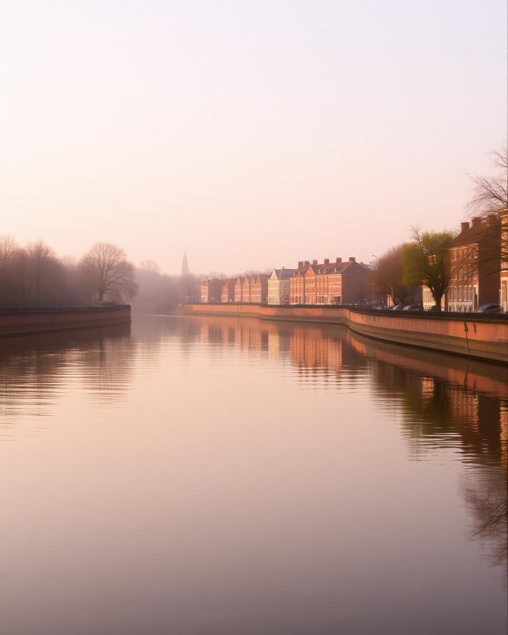 Calm river waterfront at golden hour